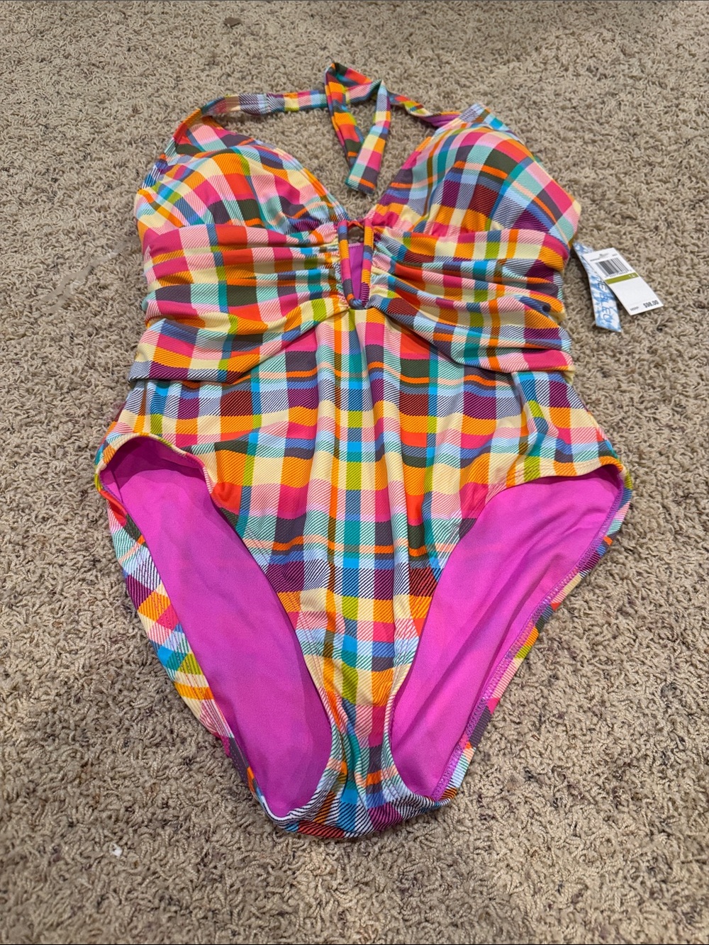 Colorful Plaid One-Piece Swimsuit with Pink Lining